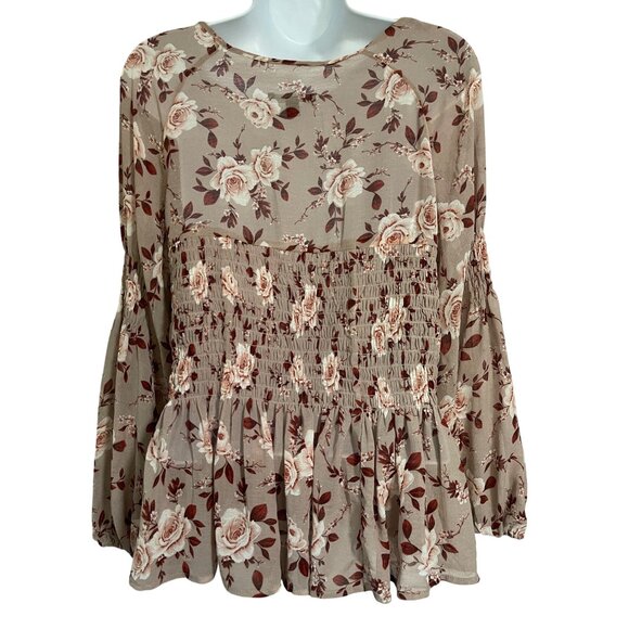 American Eagle Outfitters Sheer Floral Smocked Boho Blouse Tie Neck Womens Small - Picture 3 of 7